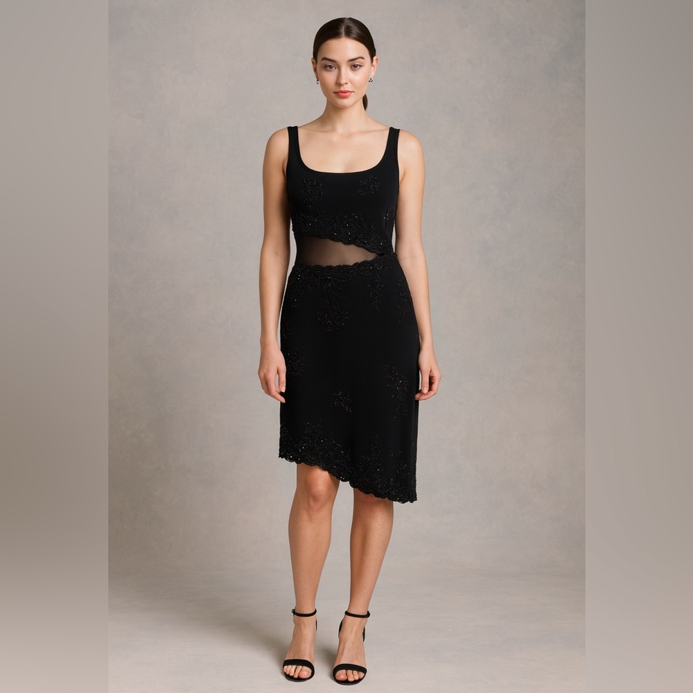Vtg Tadashi 90s Black‎ Beaded Asymmetric Sheer Cocktail Dress Party M New Years